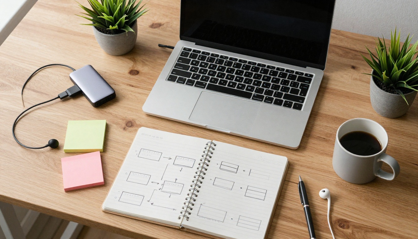 Overhead view of a tidy developer desk with a laptop, notebook, sticky notes and a plant