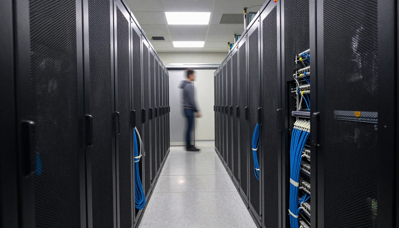 Low-angle view down an aisle of black server racks with tidy bundles of network cables