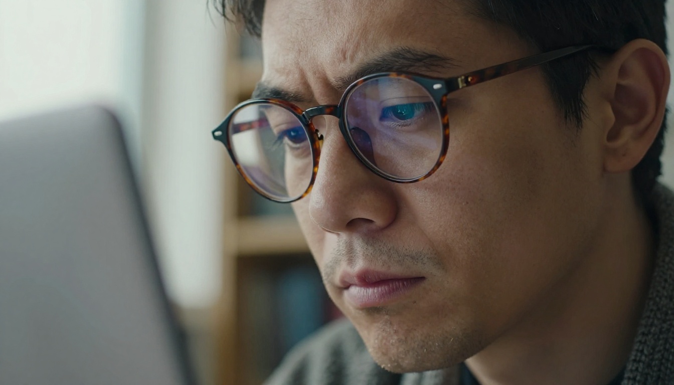 Close-up of a developer in tortoiseshell glasses frowning at a laptop while debugging