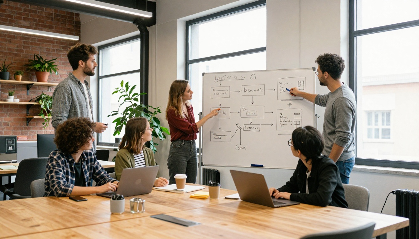 Four colleagues standing around a whiteboard of hand-drawn boxes and arrows in an open office