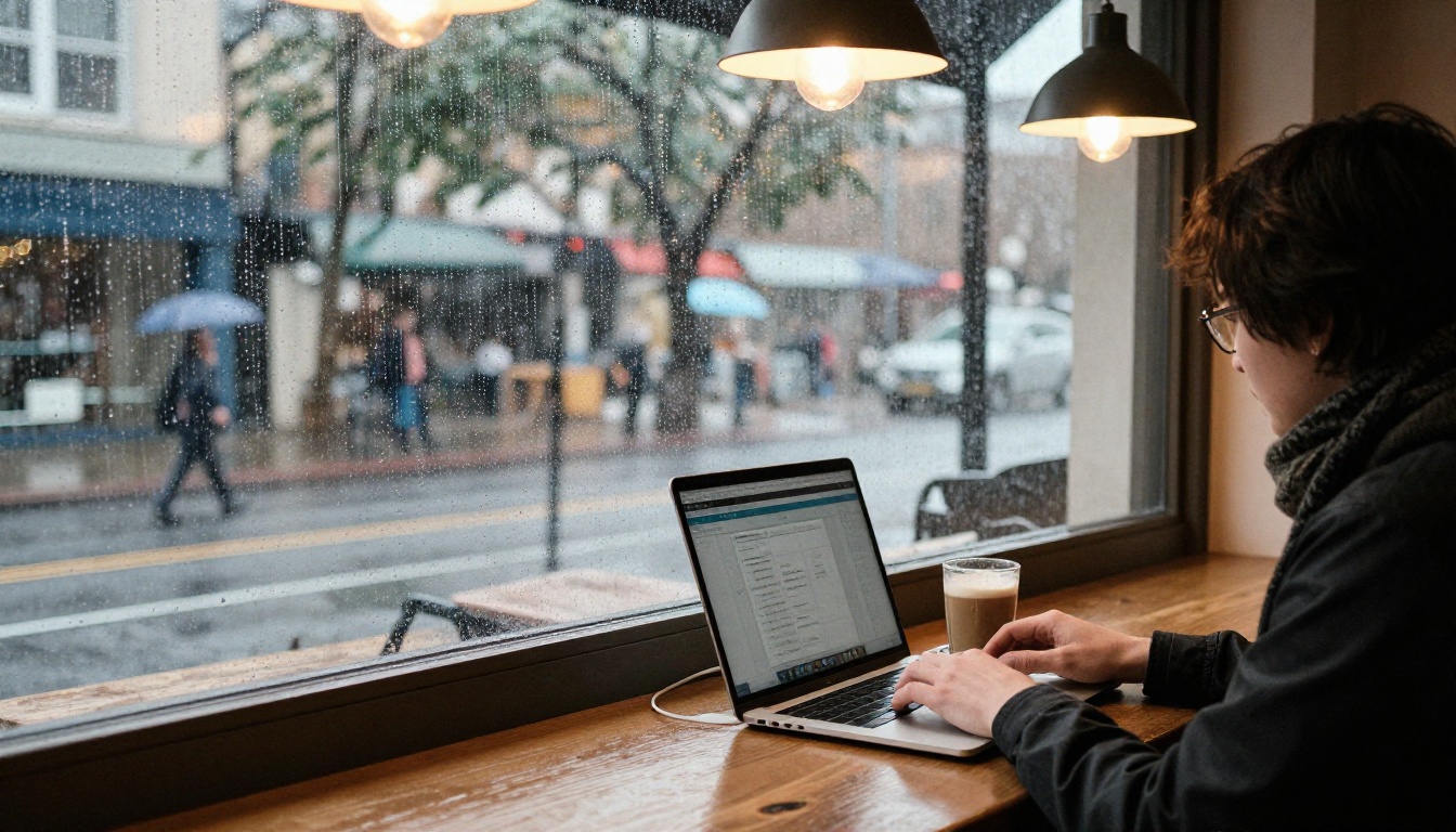 Developer working at a cafe window seat on a rainy afternoon with a laptop and a flat white