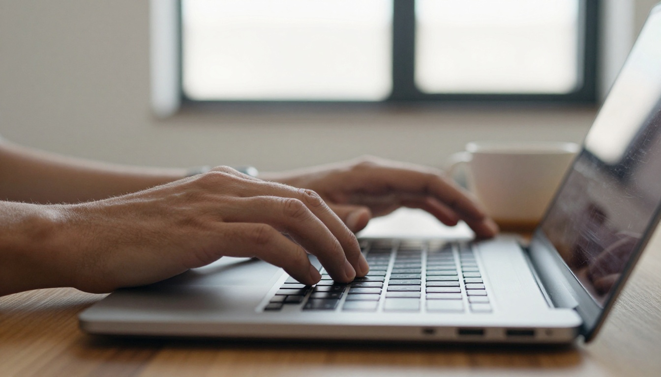 Developer hands typing on a laptop in soft morning light
