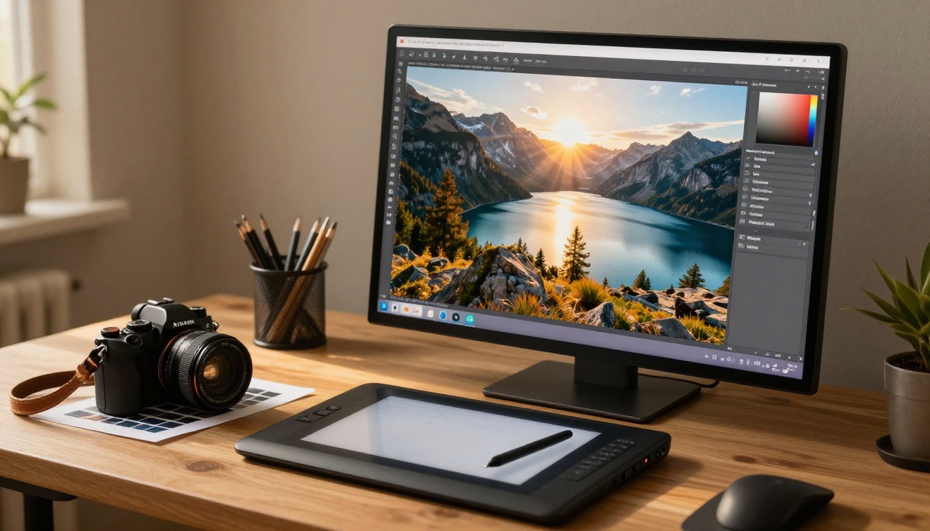 Designer's desk with a large monitor showing a mountain lake photograph, a graphics tablet and a camera