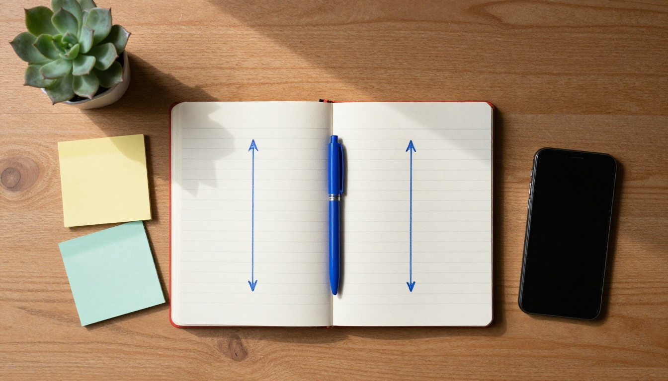 Overhead view of a notebook with two hand-drawn lanes and sticky notes
