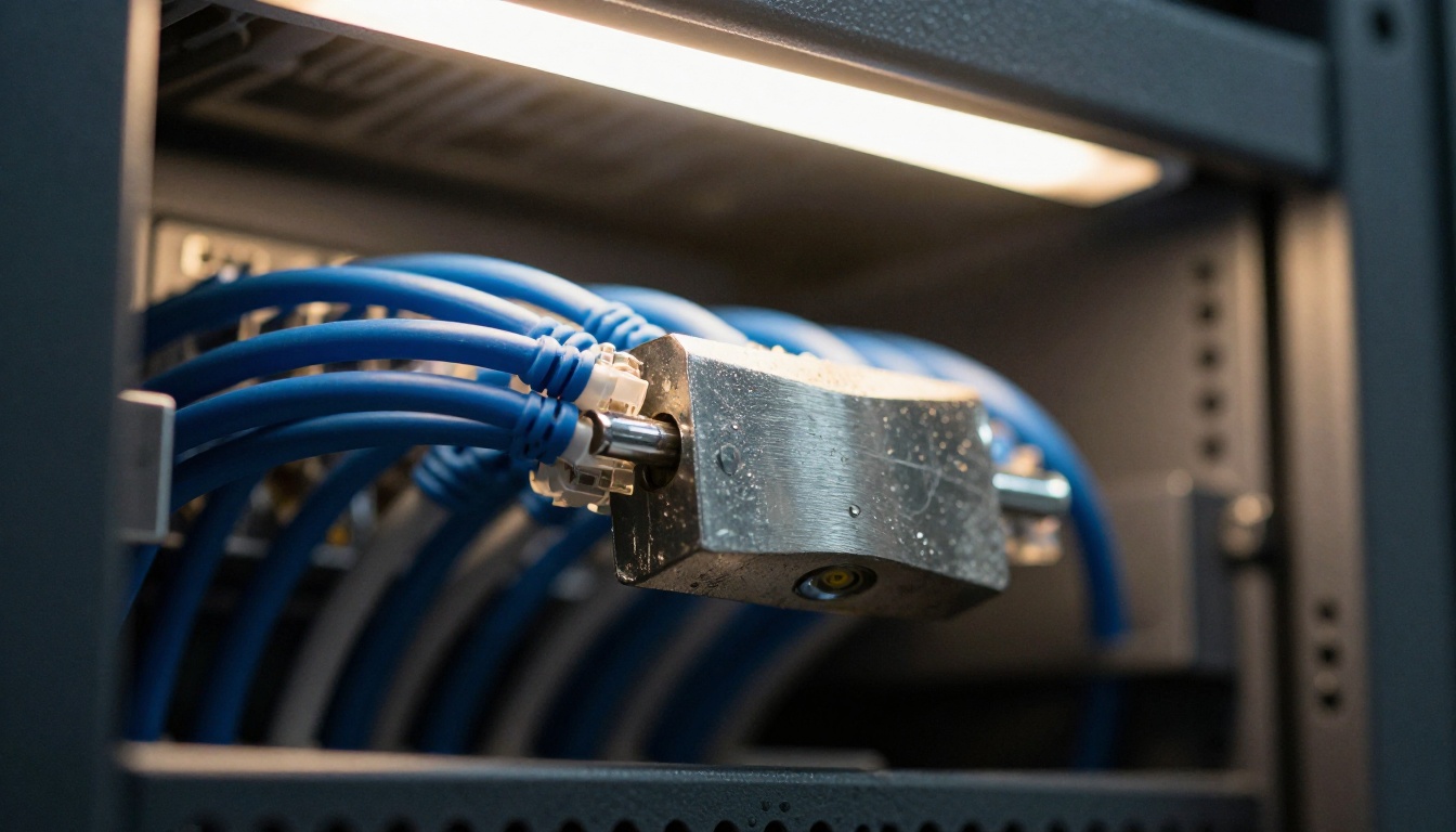 Brushed steel padlock on a server rack door
