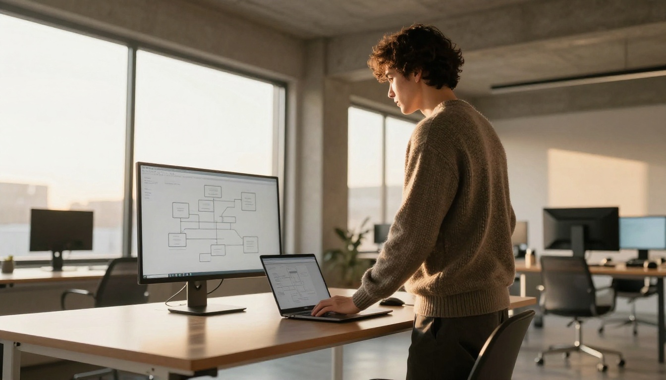 Developer in profile at a standing desk beside a monitor with a blurred diagram