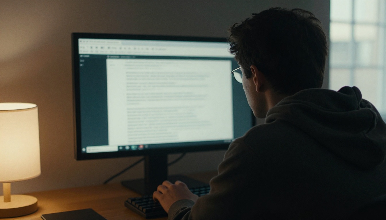 Developer at a dark terminal in a dim room