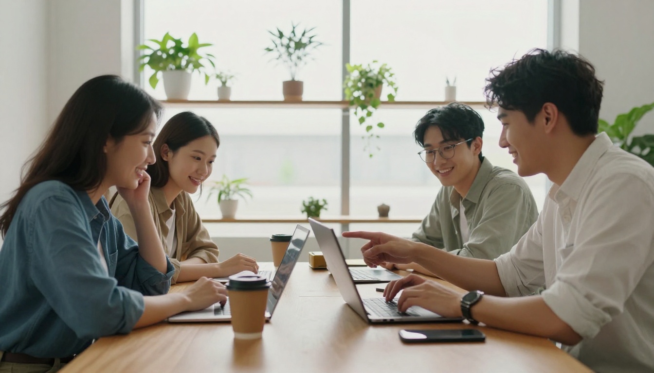 Four colleagues around a wooden table with laptops