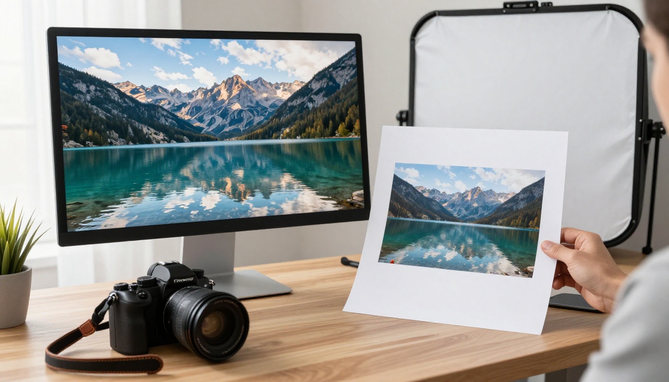 Photographer comparing a monitor with a printed mountain lake photograph