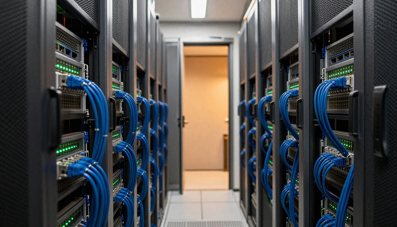 Server room corridor with a patch panel and blue ethernet cables