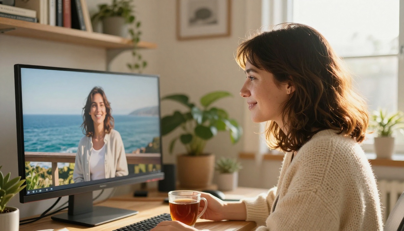 Woman smiling at a monitor showing a bright coastal landscape