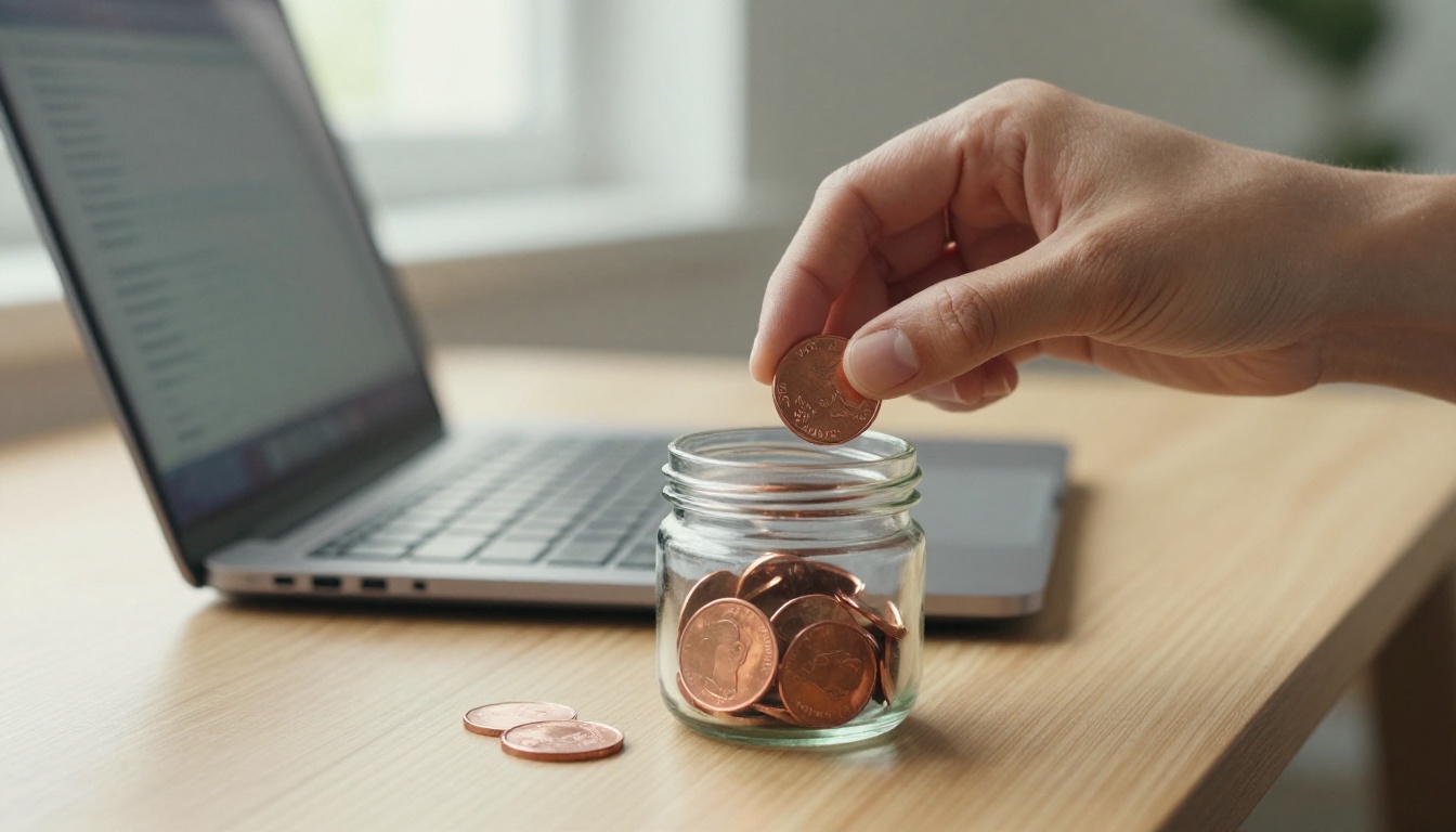 Woman's hands dropping two copper coins into a glass jar beside an open laptop on a pale oak table