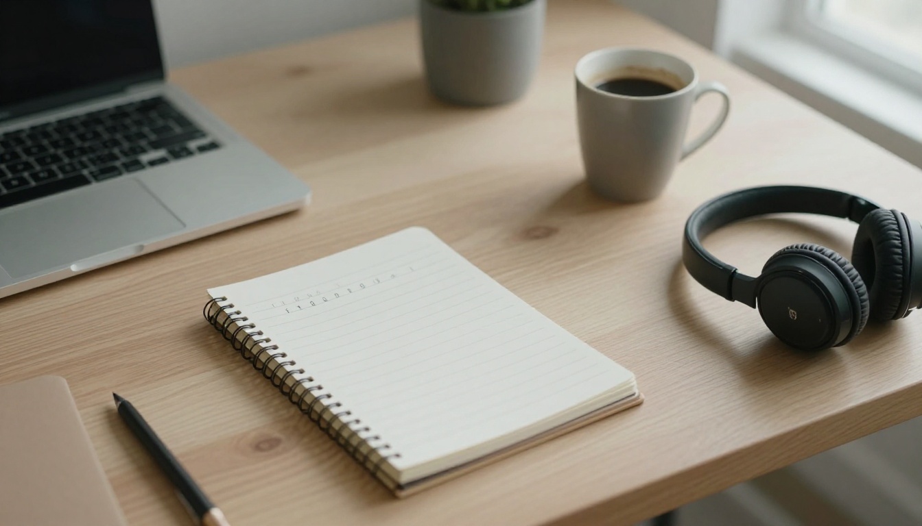 Overhead view of a tidy freelancer's desk with a notebook of pencil tally marks, a coffee cup, headphones and a closed laptop