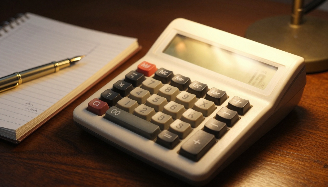 Top-down view of a vintage desk calculator, a notepad of handwritten number columns and a gold fountain pen on a walnut desk