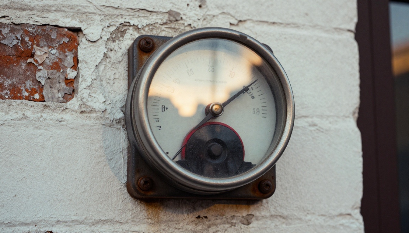 Low-angle close-up of an analog electricity meter with spinning dials on a weathered whitewashed brick wall