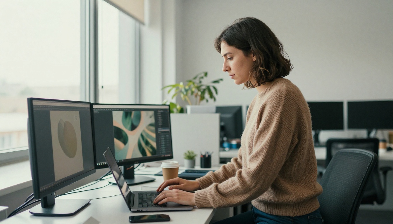 Young operations manager standing at a desk in a bright open office working on a laptop and a second monitor