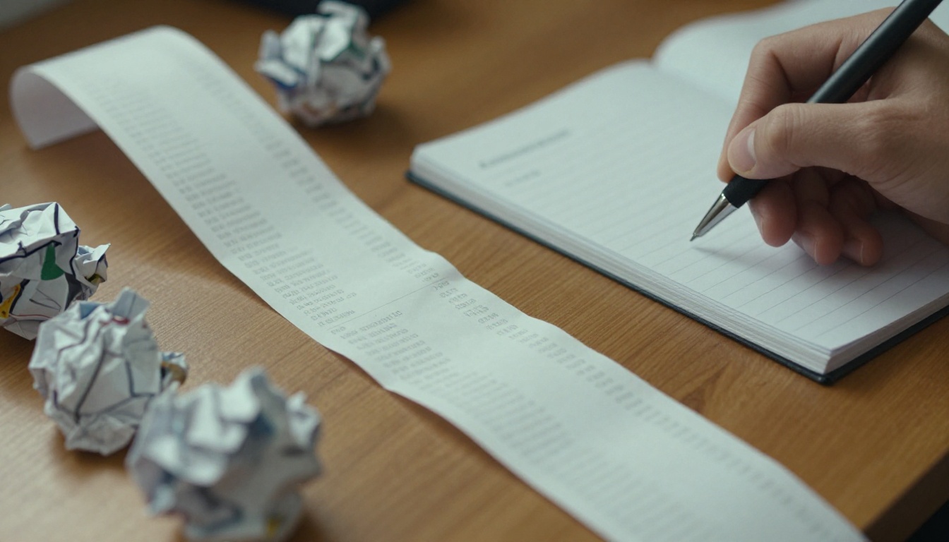 Long paper receipt curling off a wooden desk beside crumpled paper balls and a hand holding a pen over a notepad