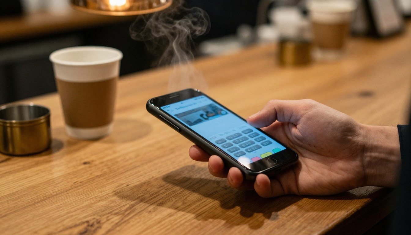 Barista's hand holding a smartphone to a contactless payment terminal at a wooden cafe counter