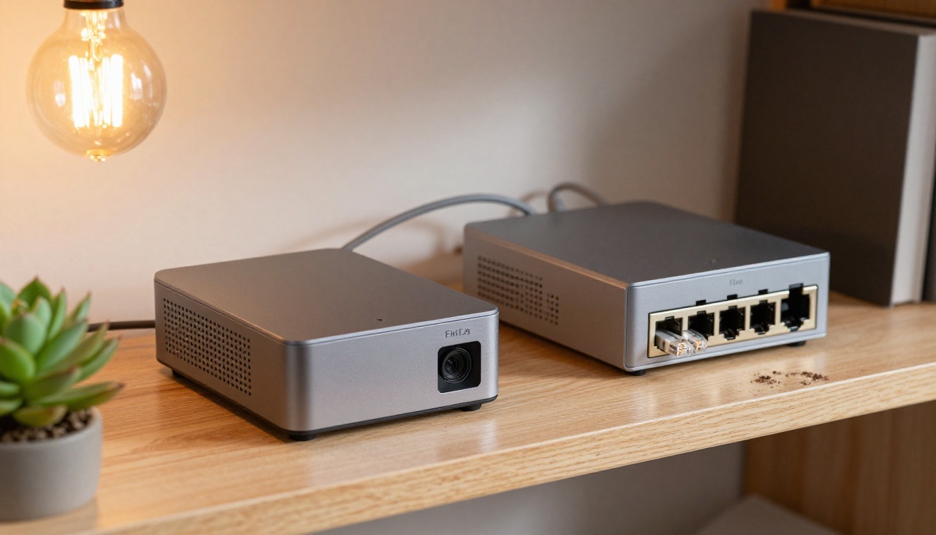 Small mini PC and a compact network switch with gray ethernet cables on a wooden shelf in a quiet home office closet