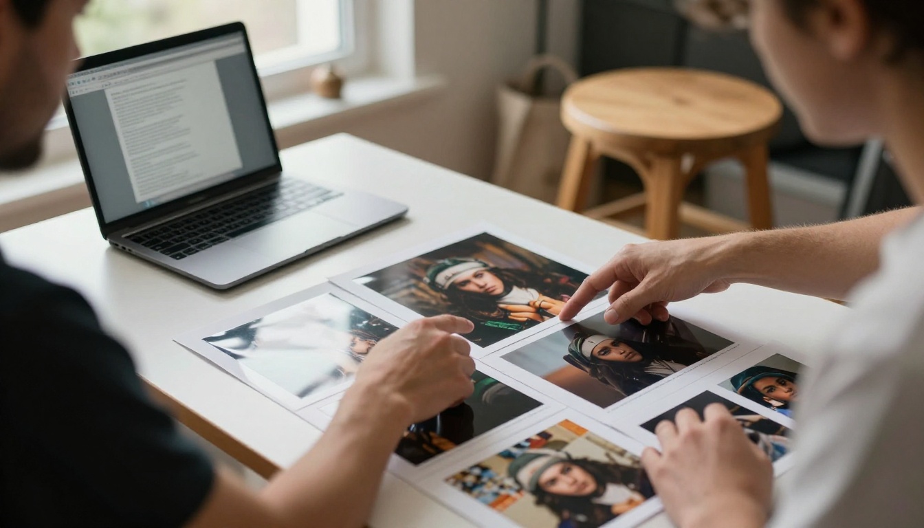 Over-the-shoulder view of a photographer reviewing printed contact sheets on a light table in a sunlit studio