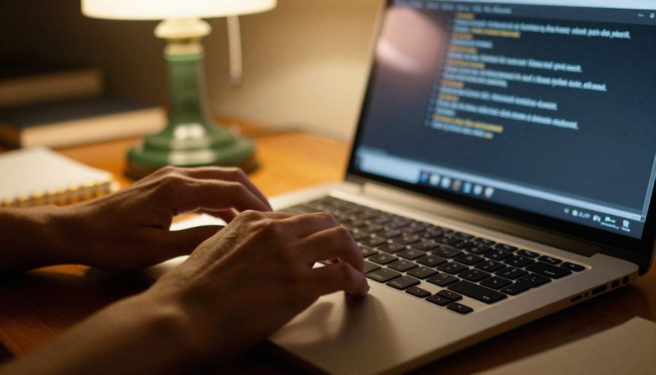Developer hands typing an install command in a dim study