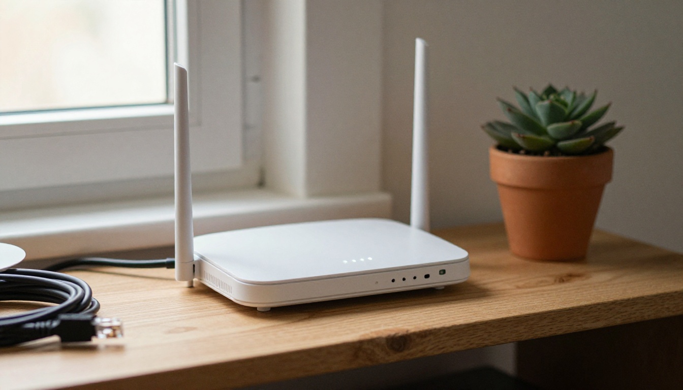 Low-angle view of a small home mini PC and router on a wooden shelf
