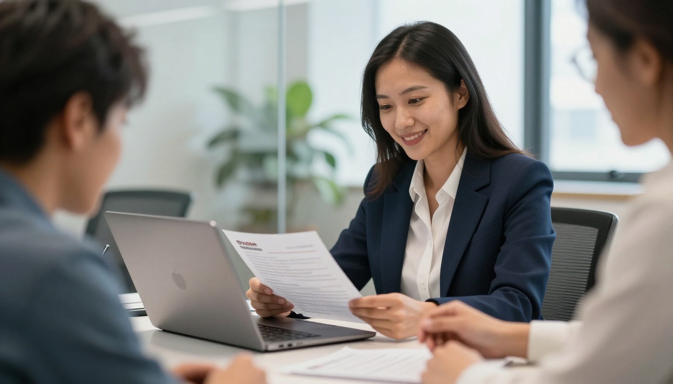 Recruiter in a navy blazer reviewing printed resumes beside a laptop