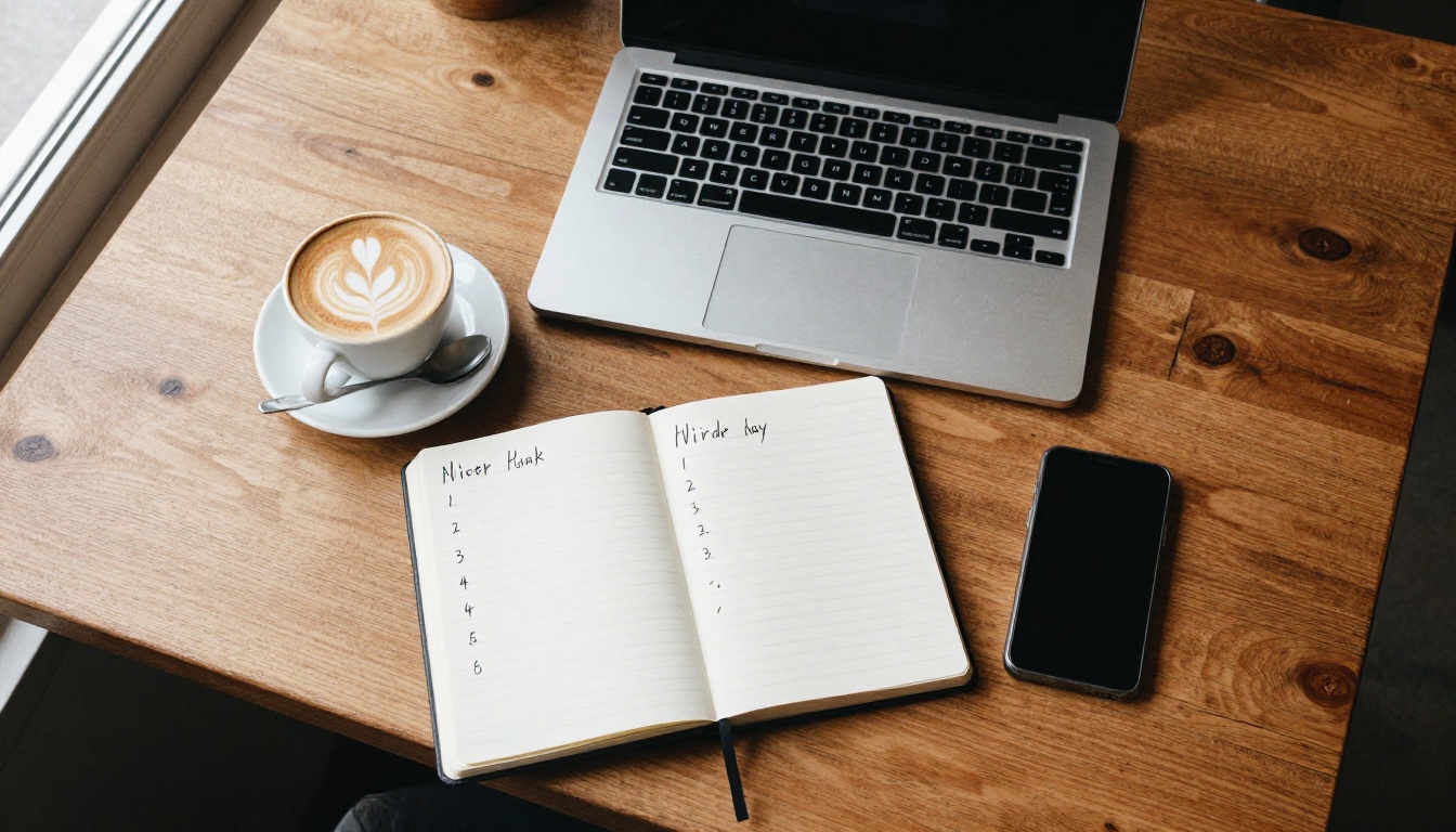 Top-down view of a cafe table with a laptop, checklist notebook and coffee