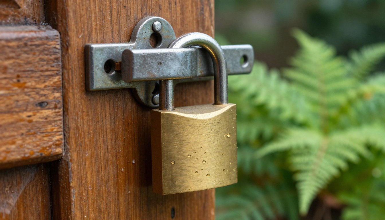 Close-up of an old brass padlock on a weathered wooden latch
