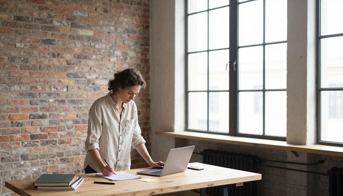 Business owner drafting a message at a standing desk in a brick loft