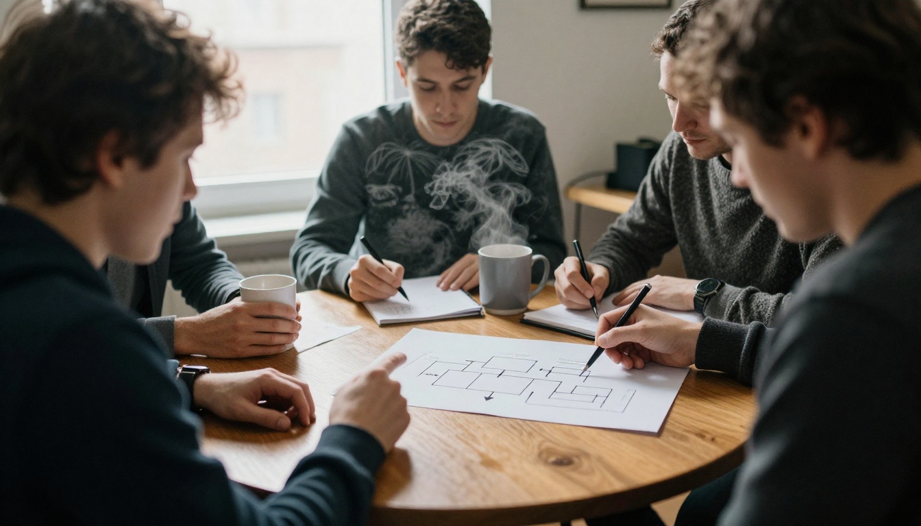 Three colleagues around an oak table reviewing a printed flow diagram