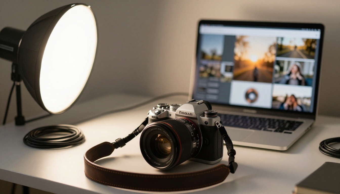 Content creator at a tidy desk with a mirrorless camera and softbox