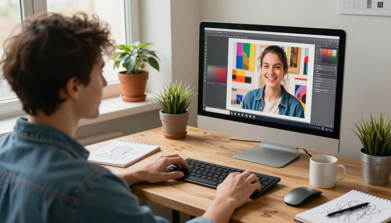 Designer smiling at a monitor showing a blurred gallery of photographs