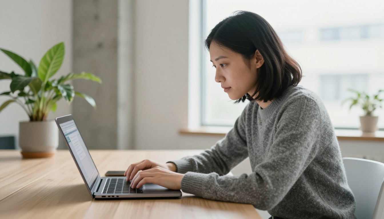 A developer in a grey wool sweater types a long web address into a laptop browser in a bright co-working space