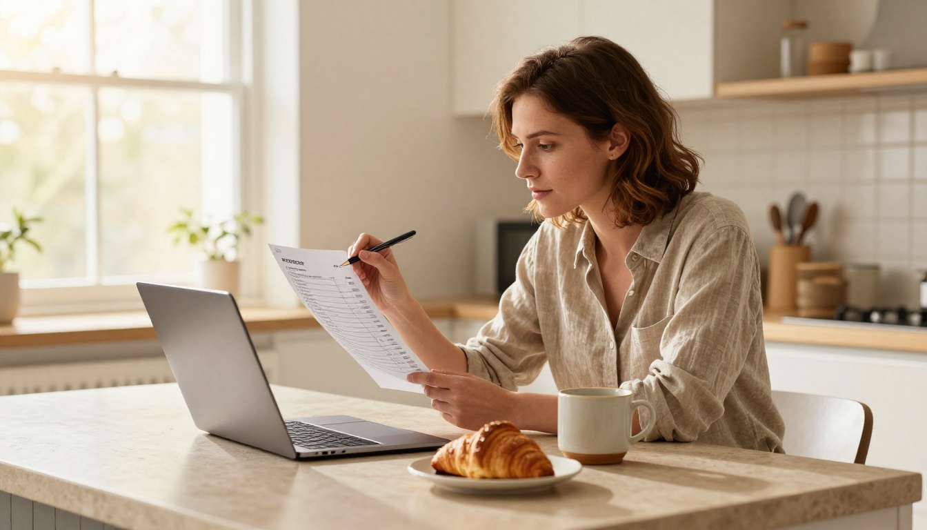 A product manager scrolls a settings page on a laptop at a sunny kitchen island