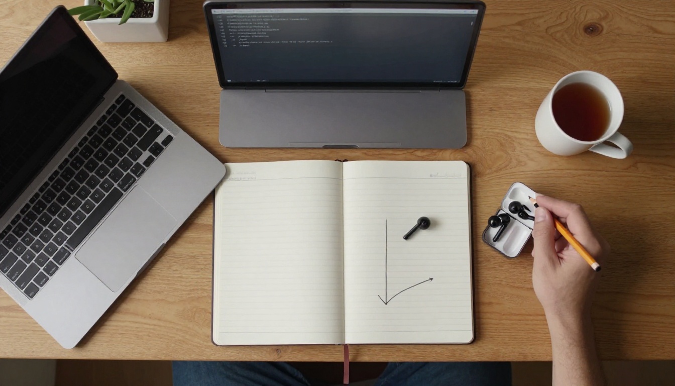 An aerial view of a wooden desk with a laptop terminal, a notebook diagram and a cup of tea