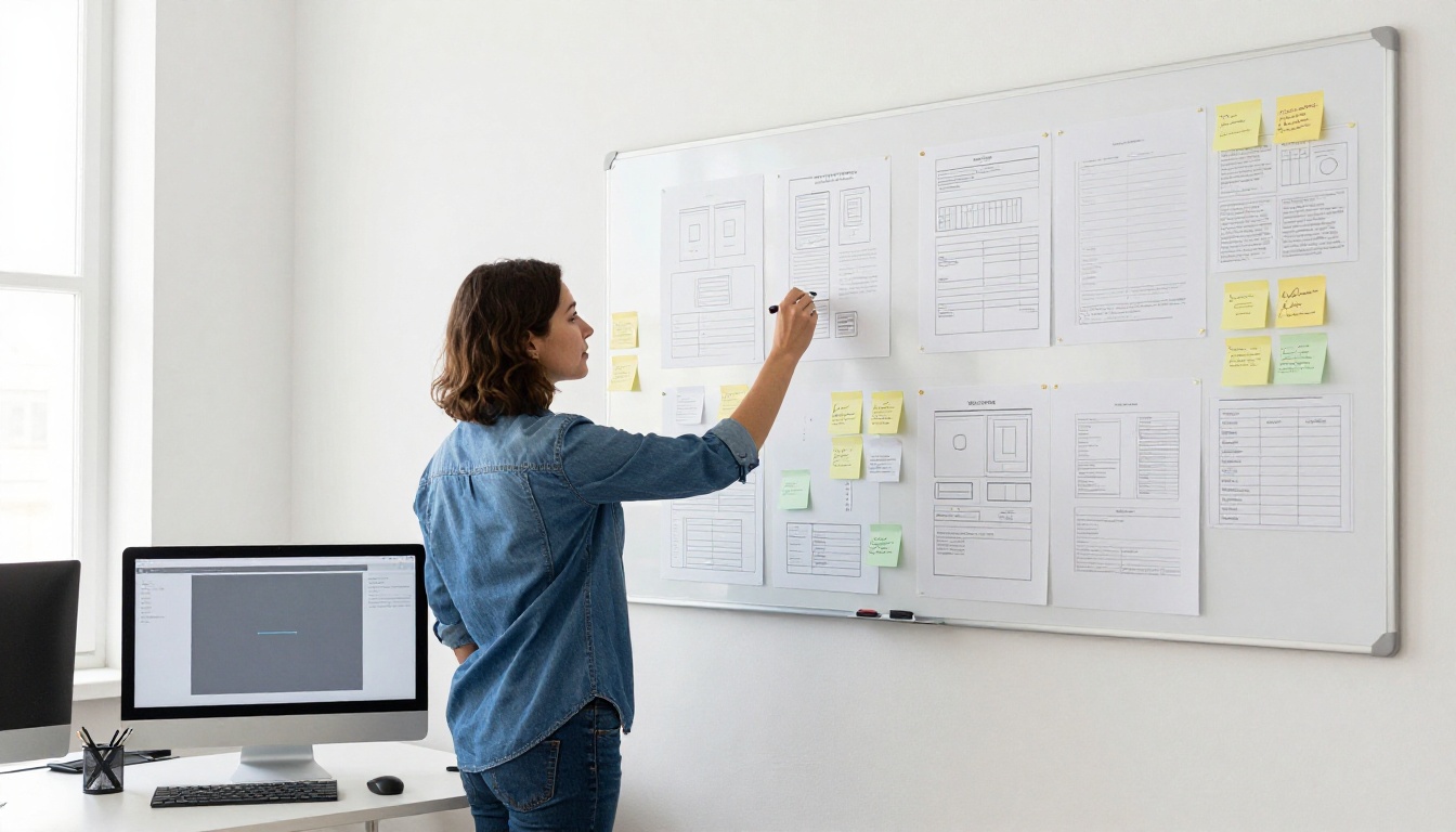 A UX designer in a denim shirt stands at a whiteboard of wireframe printouts