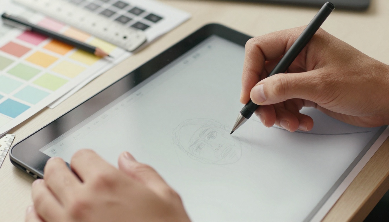 Two hands on a drafting table, one holding a stylus over a tablet beside a color swatch fan