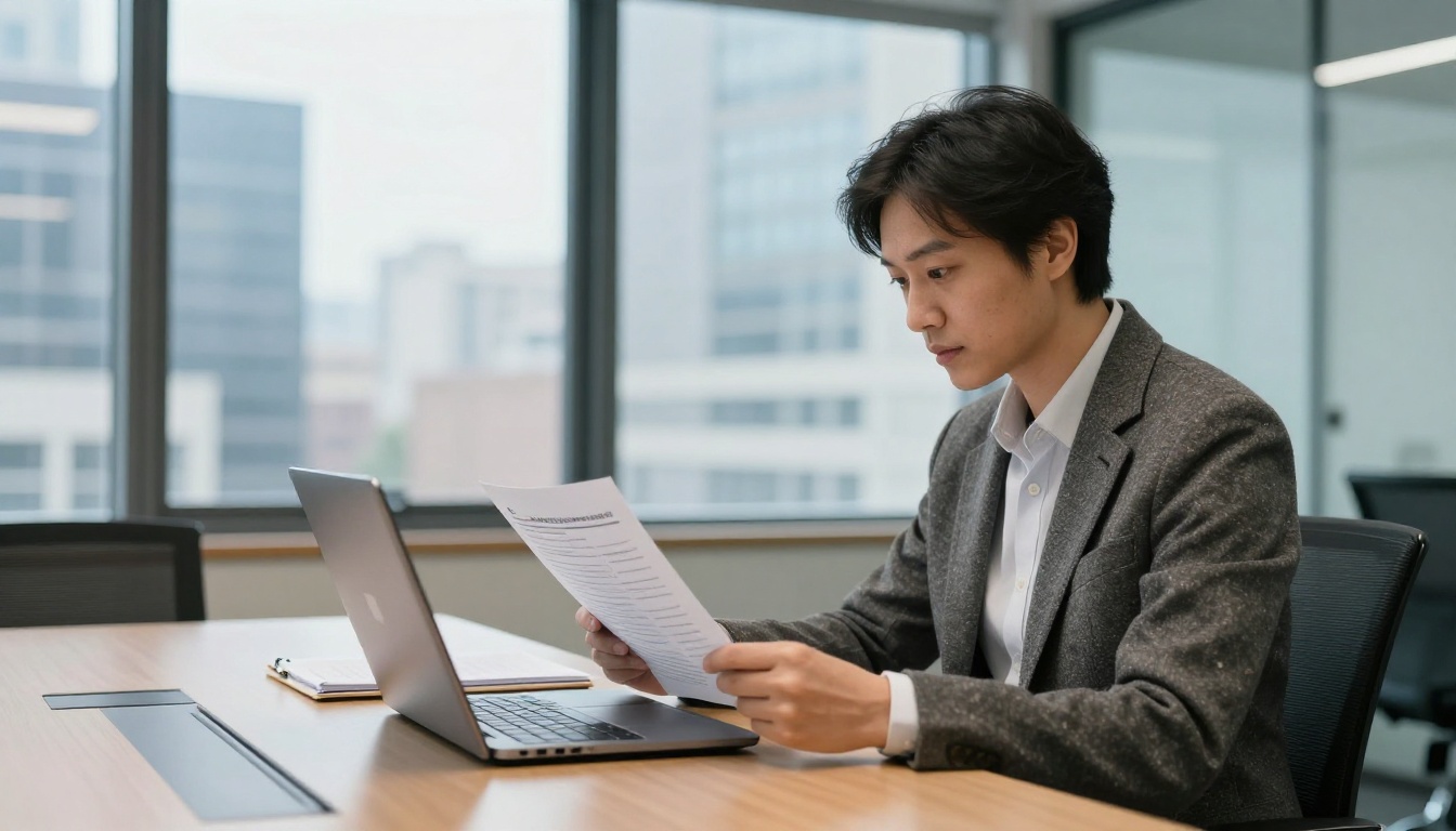 A recruiter in a navy blazer reads a printed profile in a glass-walled meeting room