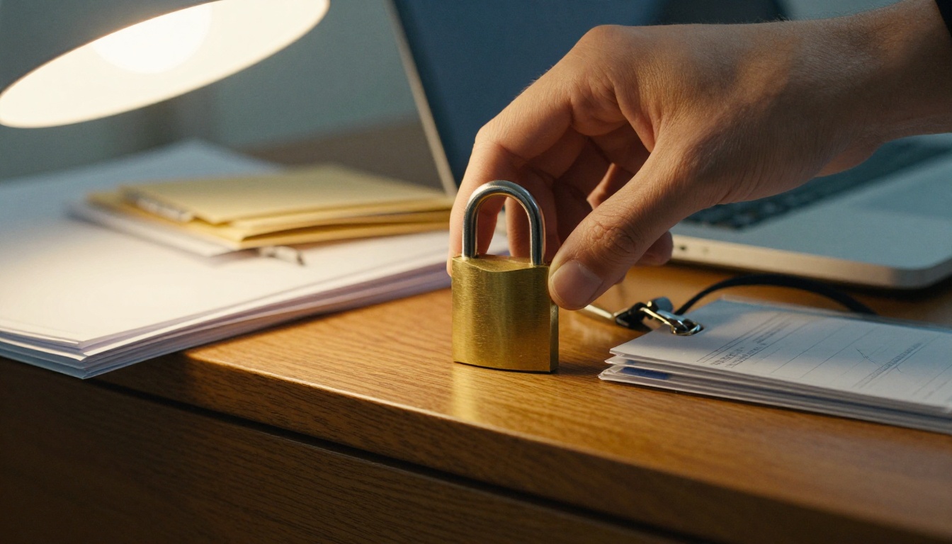 A hand turning a brass padlock on a wooden office drawer beside a laptop