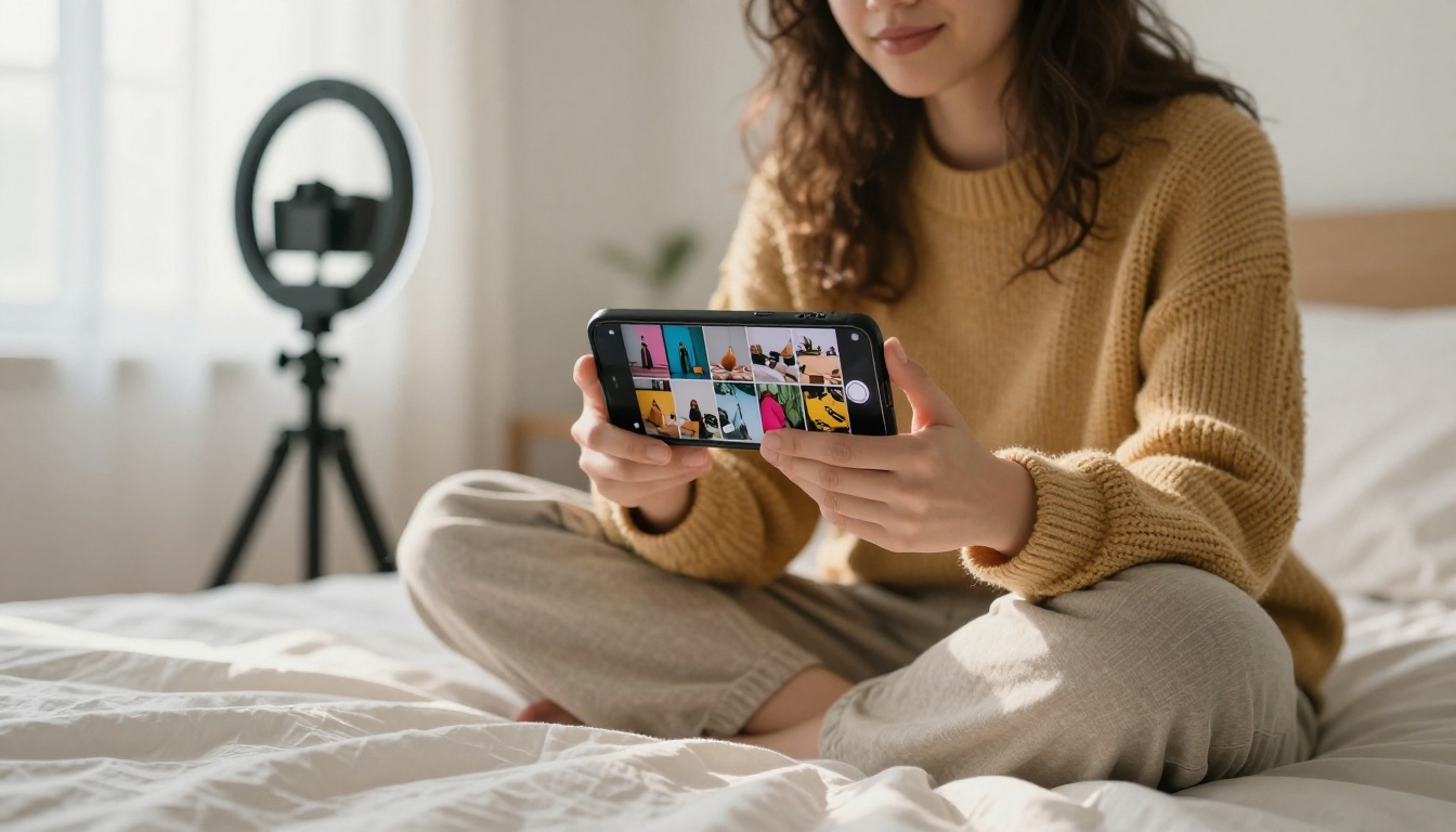 A content creator in a mustard sweater holds a phone showing a photo grid on a sunlit bed