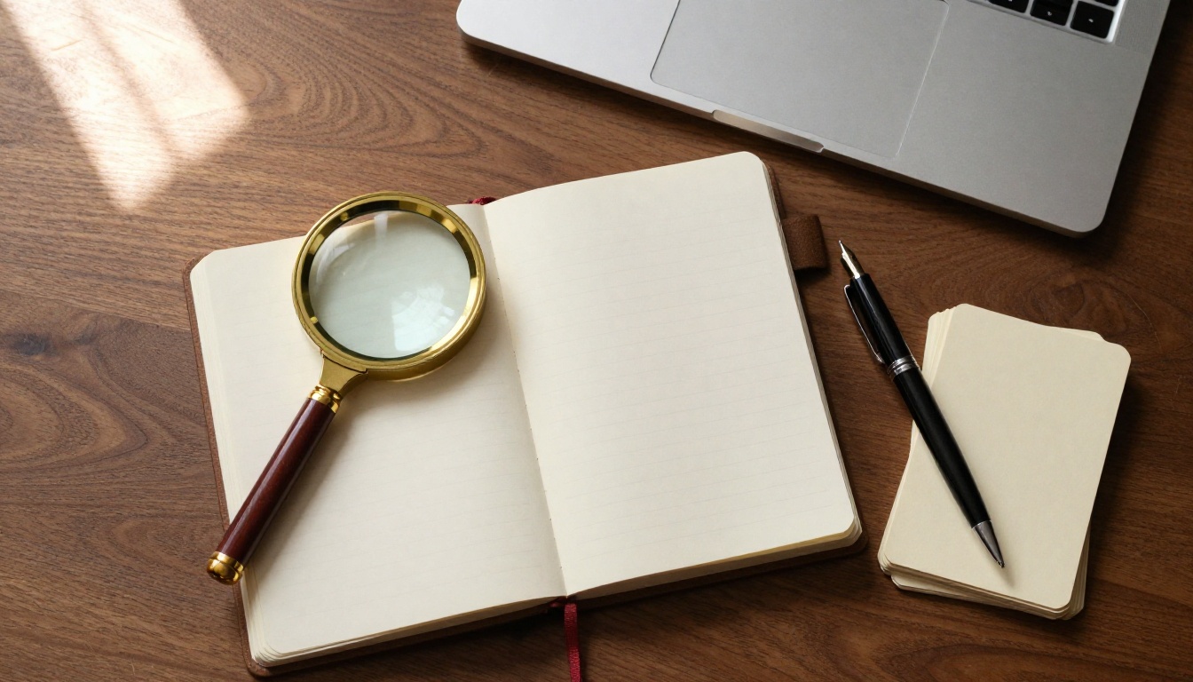 Overhead view of a walnut desk with an open blank ledger, brass magnifying glass and index cards, a picture of a verified catalog