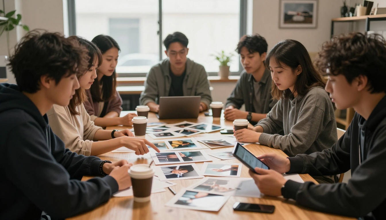 A small creative team around a wooden table pointing at a printed contact sheet