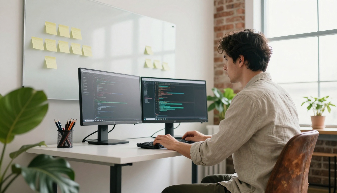 A developer at a standing desk in a bright coworking loft with exposed brick and two monitors of blurred code
