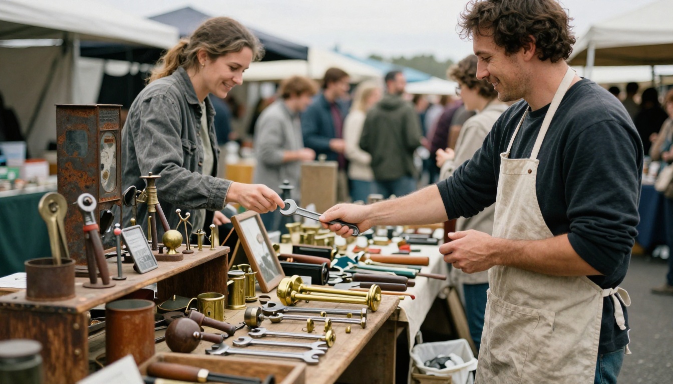 A busy open-air market with wooden tables of vintage hand tools and a vendor handing a wrench to a customer
