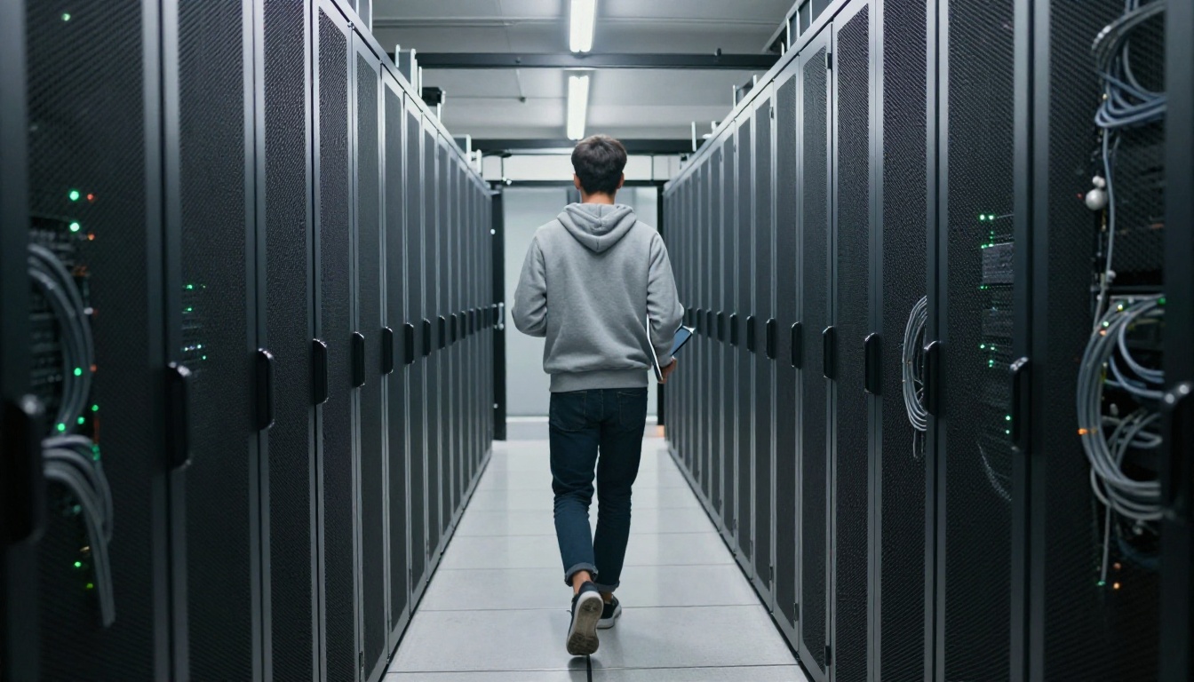 A cold aisle in a data center with black server racks, bundled gray cables and small green indicator lights