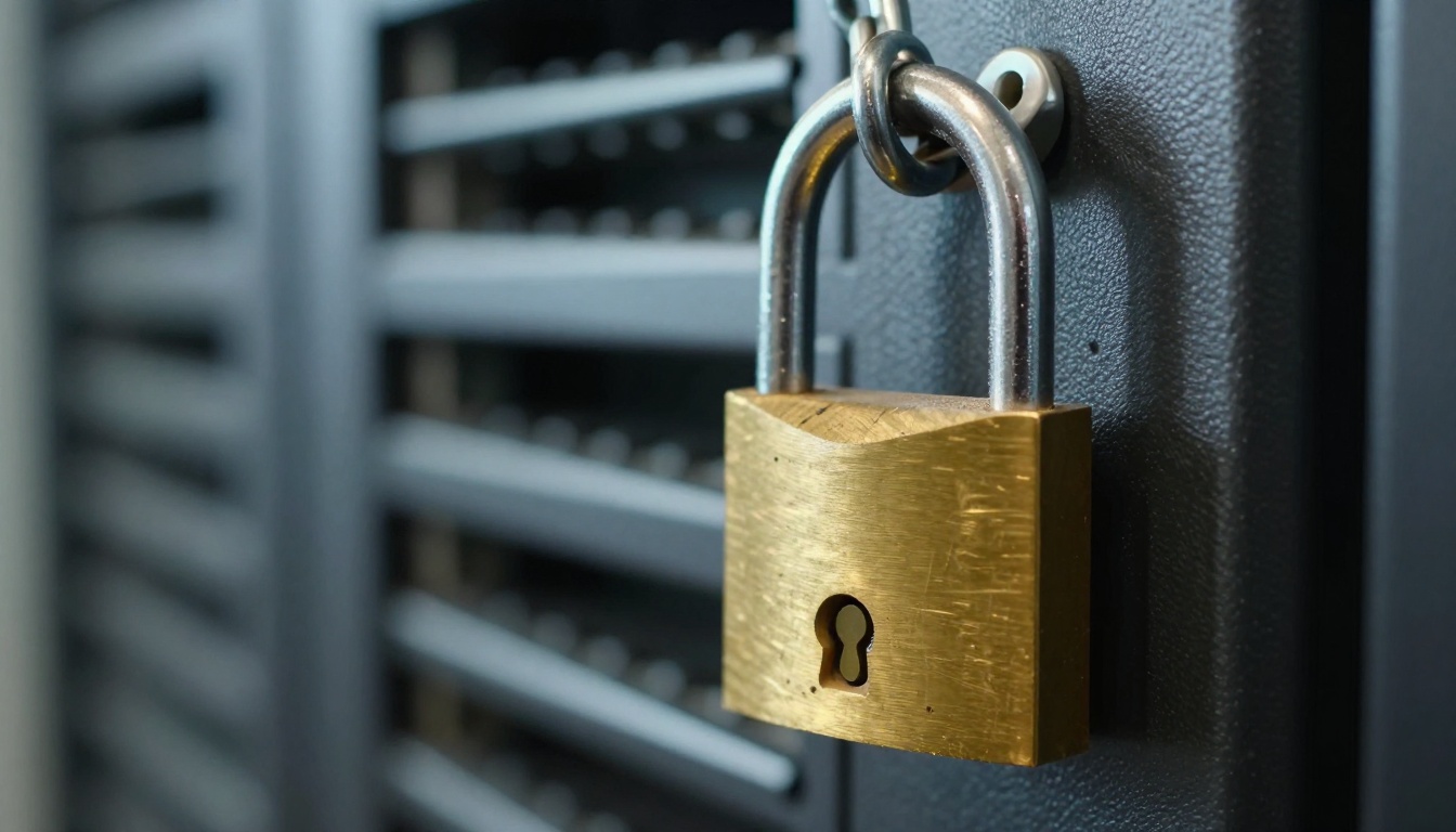 A heavy brass padlock on a steel chain securing a server cage door