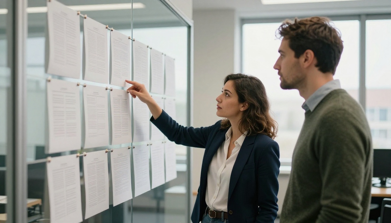 Two engineers at a glass wall comparing printed pages pinned in a neat grid