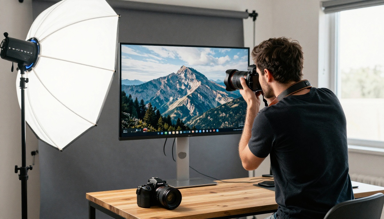 A photographer retouching a mountain landscape on a large monitor in a daylight studio with a softbox