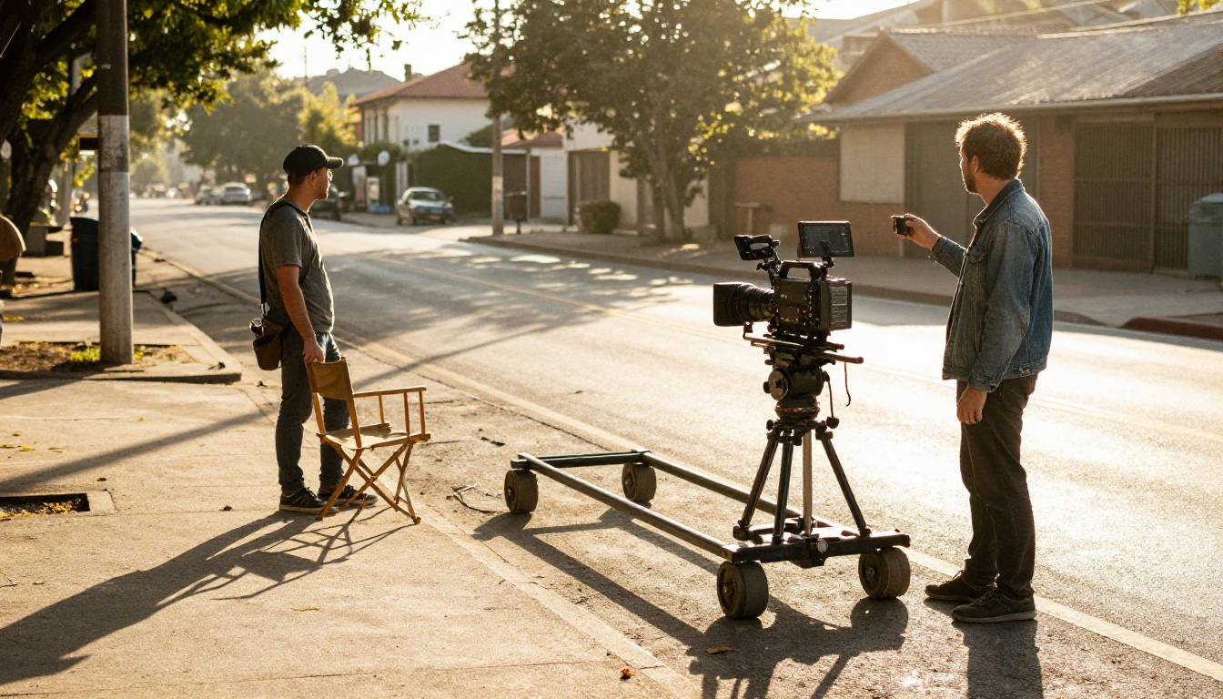 A film crew on a quiet street at golden hour with a camera on a dolly track and a director watching a monitor